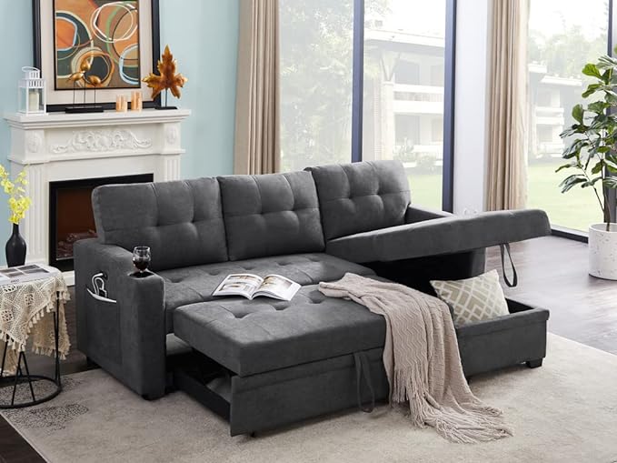 83 Inch Convertible L Shaped Sleeper Sectional Sofa Linen with Storage Chaise, Pull Out Bed, Cup Holder, USB Charging Port, Side Pocket, Reversible Corner Couch Design, 83inch, Dark Grey-3 - LeafyLoom