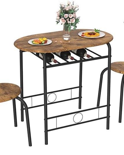 VECELO 3-Piece Dining Table Set for Kitchen Breakfast Nook, Wood Grain Oval Tabletop and Metal Frame with Built-in Wine Rack, for Small Spaces, 31.5", Antique & Black - LeafyLoom