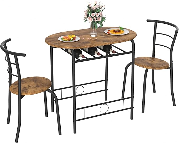 VECELO 3-Piece Dining Table Set for Kitchen Breakfast Nook, Wood Grain Oval Tabletop and Metal Frame with Built-in Wine Rack, for Small Spaces, 31.5", Antique & Black - LeafyLoom