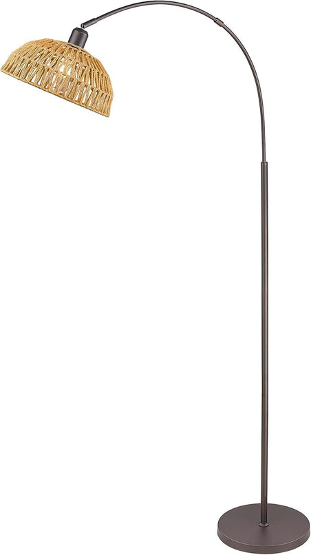 Rattan Floor Lamp, Retro Boho Arc Standing Lamp with Remote Control and LED BuLB Farmhouse Bamboo Lamp Shade Floor Light Industrial Tall Lamp (Oil Rubbed Bronze) - LeafyLoom