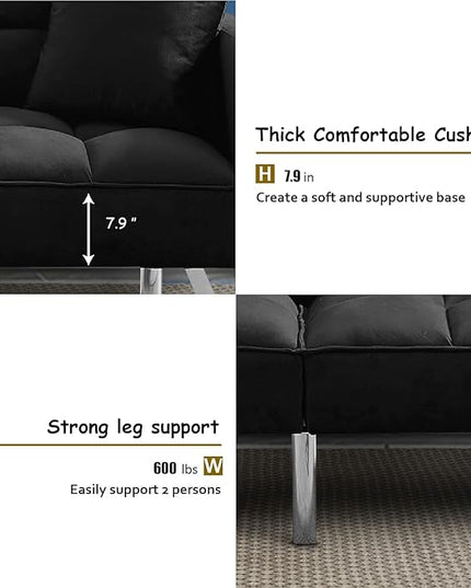 Futon Sofa Bed Living Room Furniture Sets 74" Modern Convertible Folding Lounge Couch Loveseat Daybed Upholstered Sofá with 2 Pillows for Bedroom Apartment,Home Office,Black - LeafyLoom