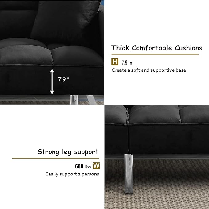 Futon Sofa Bed Living Room Furniture Sets 74" Modern Convertible Folding Lounge Couch Loveseat Daybed Upholstered Sofá with 2 Pillows for Bedroom Apartment,Home Office,Black - LeafyLoom