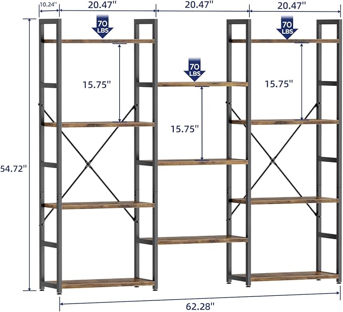 NUMENN Triple Wide 4 Tier Bookshelf, Adjustable Rustic Industrial Style Bookcases with 11 Open Display Shelves, Modern Tall Bookcase Furniture for Bedroom, Living Room and Home Office, Vintage - LeafyLoom