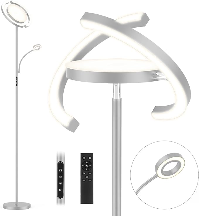 FIMEI 3 in 1 Floor Lamp, Modern Bright Standing Lamp with Split Rotatable Outer Ring Light and Small Reading Light, 4 Color and Dimmable, 3-Way Independent Control for Living Room Office, Gray - LeafyLoom