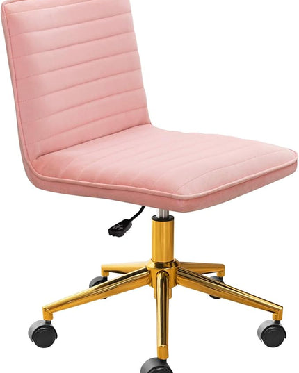 Furniliving Home Office Chair, Armless Vanity Chair with Wheels Swivel Velvet Computer Rolling Desk Chair with Back, Adjustable Accent Chair with Gold Metal Base Stool Chair,Pink - LeafyLoom