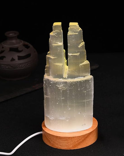 JIC Gem USB Selenite Lamp Twin Tower Healing Crystal Lamp Natural Selenite Skyscraper Lamp 6 Inch with Wooden LED Light Stand Base - LeafyLoom