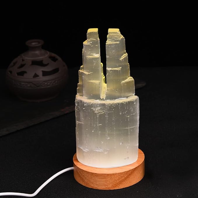 JIC Gem USB Selenite Lamp Twin Tower Healing Crystal Lamp Natural Selenite Skyscraper Lamp 6 Inch with Wooden LED Light Stand Base - LeafyLoom