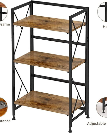 Folding Bookshelf 3 Tier No Assembly Bookcase Industrial Storage Shelves Plant Flower Stand Storage Rack for Home Office Rustic Brown - LeafyLoom