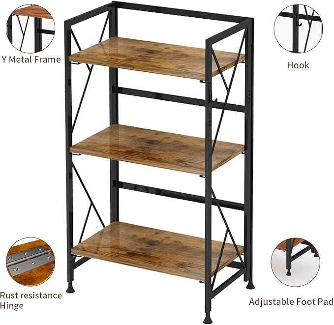Folding Bookshelf 3 Tier No Assembly Bookcase Industrial Storage Shelves Plant Flower Stand Storage Rack for Home Office Rustic Brown - LeafyLoom