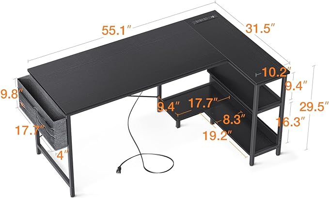ODK 55 Inch Small L Shaped Computer Desk with Power Outlets, Corner Desk with PC Stand & Reversible Storage Shelves for Small Space Home Office Workstation, Modern Simple Writing Study Table, Black - LeafyLoom