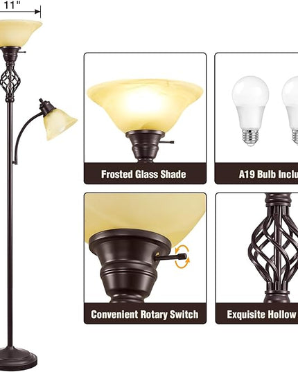 Floor Lamp, Standing Lamp with Adjustable Side Reading Light, Floor Lamps for Living Room with Glass Shade 72-Inch Torchiere Tall Lamps Decor for Bedroom Living Room Den Office (Bulb Included) - LeafyLoom