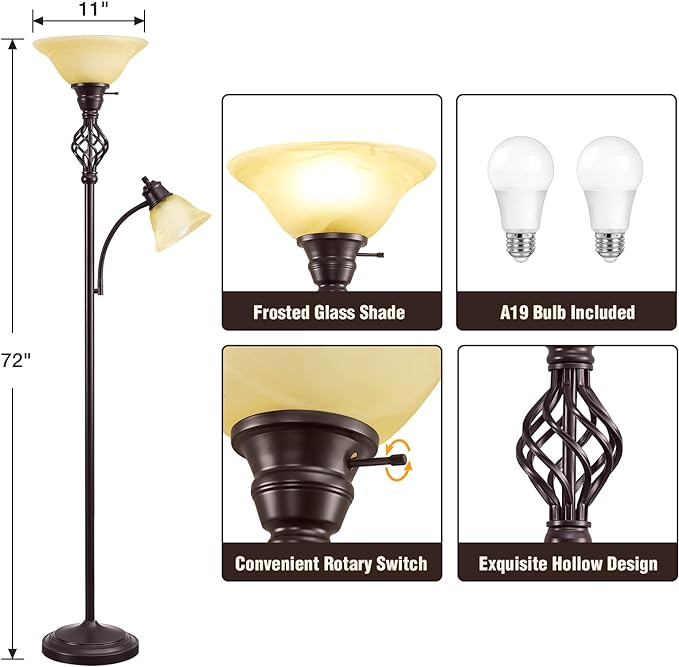 Floor Lamp, Standing Lamp with Adjustable Side Reading Light, Floor Lamps for Living Room with Glass Shade 72-Inch Torchiere Tall Lamps Decor for Bedroom Living Room Den Office (Bulb Included) - LeafyLoom
