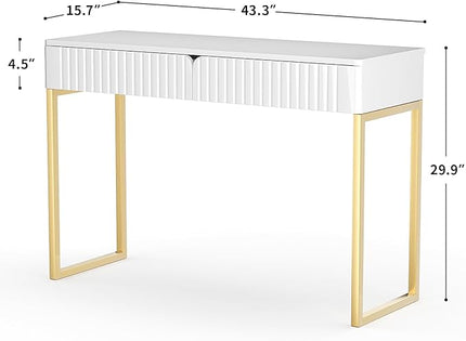 Elegant Modern Desk, 2 Drawers, Gold Legs, 43.3x15.75 inches, Home Office, Makeup Vanity, Computer, Writing, Study, Entryway, Sofa Table - LeafyLoom