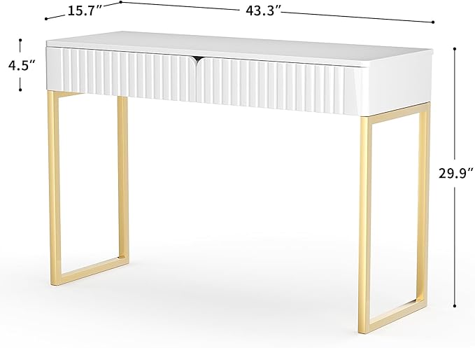 Elegant Modern Desk, 2 Drawers, Gold Legs, 43.3x15.75 inches, Home Office, Makeup Vanity, Computer, Writing, Study, Entryway, Sofa Table - LeafyLoom