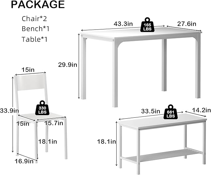 sogesfurniture 4 Piece Dining Table Set, Dinette Set Kitchen Table with Bench and Chairs, Kitchen Dinner Table with Benches for 4, includes Table, 2 Chairs & Bench,White - LeafyLoom