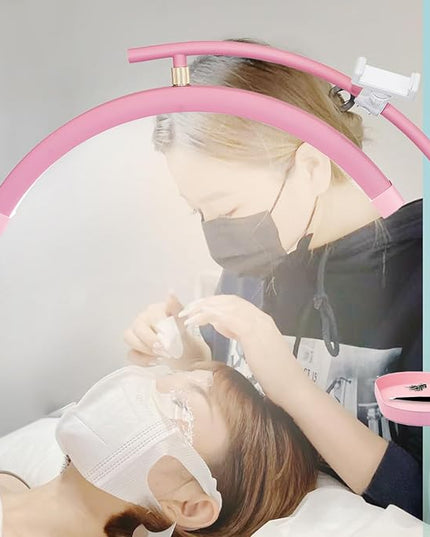 Lash Light Esthetician Lamp for Lash Extensions - LED Floor Lash Lamp Half Moon Ring Facial Light for Eyelash Tech with Pallets & Phone Holder Light for Tattoo Artists, Nail Tech X Pink - LeafyLoom