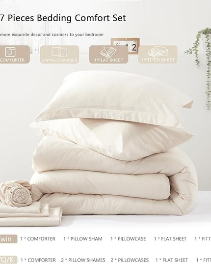UNILIBRA Twin Comforter Set 5 Pieces - Beige Bed in a Bag Twin Size Soft for All Seasons - Cationic Dyeing Bedding Comforter Sets with Comforter, Flat Sheet, Fitted Sheet, Pillowcases & Shams - LeafyLoom