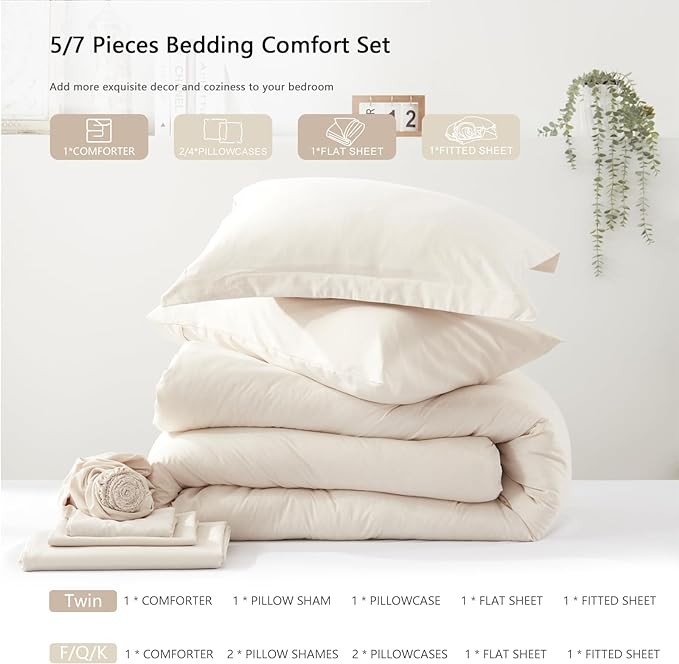 UNILIBRA King Comforter Set 7 Pieces - Beige Bed in a Bag King Size Soft for All Seasons - Cationic Dyeing Bedding Comforter Sets with Comforter, Flat Sheet, Fitted Sheet, Pillowcases & Shams - LeafyLoom