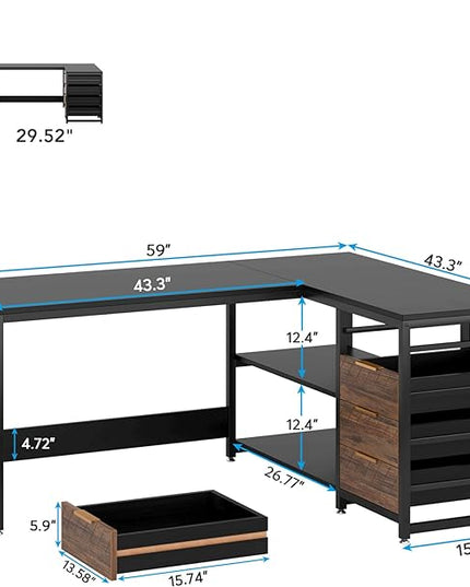 59-Inch L Shaped Desk with Drawers, Large Computer Desk with Storage Shelves, Reversible L-Shaped Corner Desk Workstation for Home Office - LeafyLoom