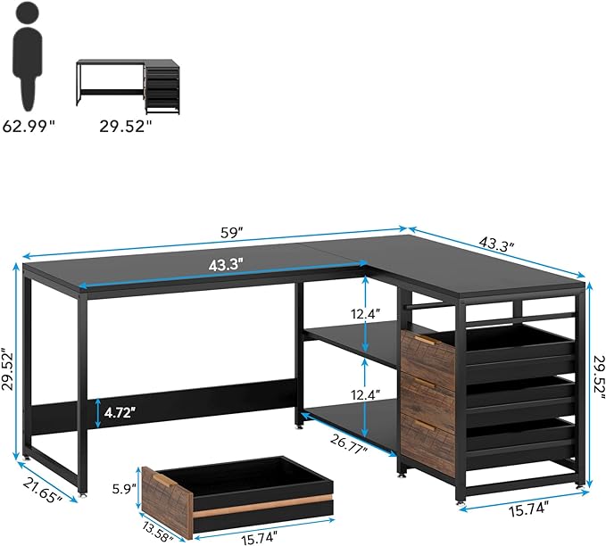 59-Inch L Shaped Desk with Drawers, Large Computer Desk with Storage Shelves, Reversible L-Shaped Corner Desk Workstation for Home Office - LeafyLoom