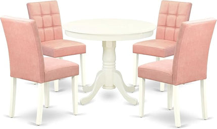 East West Furniture ANAS5-LWH-42 Antique 5 Piece Dinner Set Contain A Dining Table and 4 Beige Red Faux Leather Wooden Chairs with Stylish Back, Linen White Finish, 36x36 Inch - LeafyLoom