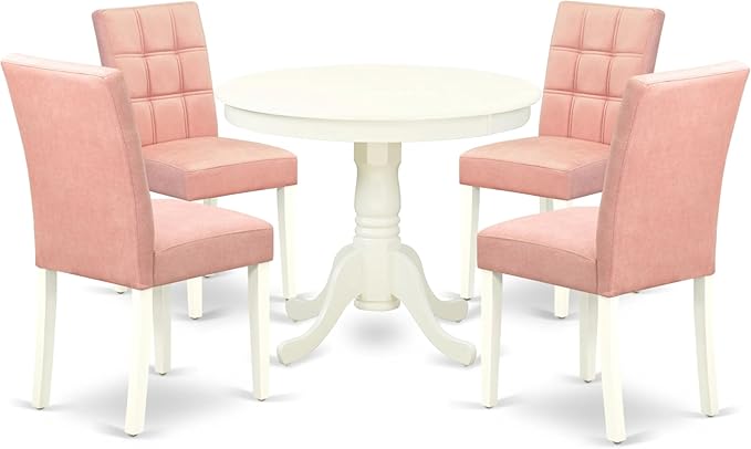 East West Furniture ANAS5-LWH-42 Antique 5 Piece Dinner Set Contain A Dining Table and 4 Beige Red Faux Leather Wooden Chairs with Stylish Back, Linen White Finish, 36x36 Inch - LeafyLoom