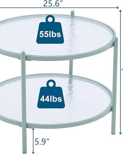 VINGLI 25.6" Small Light Bright Green Round Coffee Table Water-Wave Glass Circle Clear Center Coffee Table with 2-Tier Modern Storage Design for Living Room, Bedroom, Meeting Room, Balcony, Patio - LeafyLoom