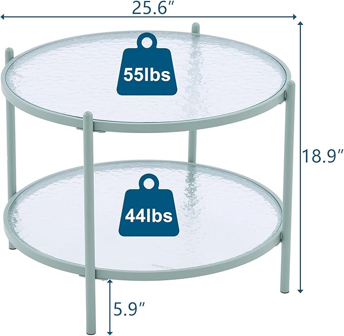 VINGLI 25.6" Small Light Bright Green Round Coffee Table Water-Wave Glass Circle Clear Center Coffee Table with 2-Tier Modern Storage Design for Living Room, Bedroom, Meeting Room, Balcony, Patio - LeafyLoom