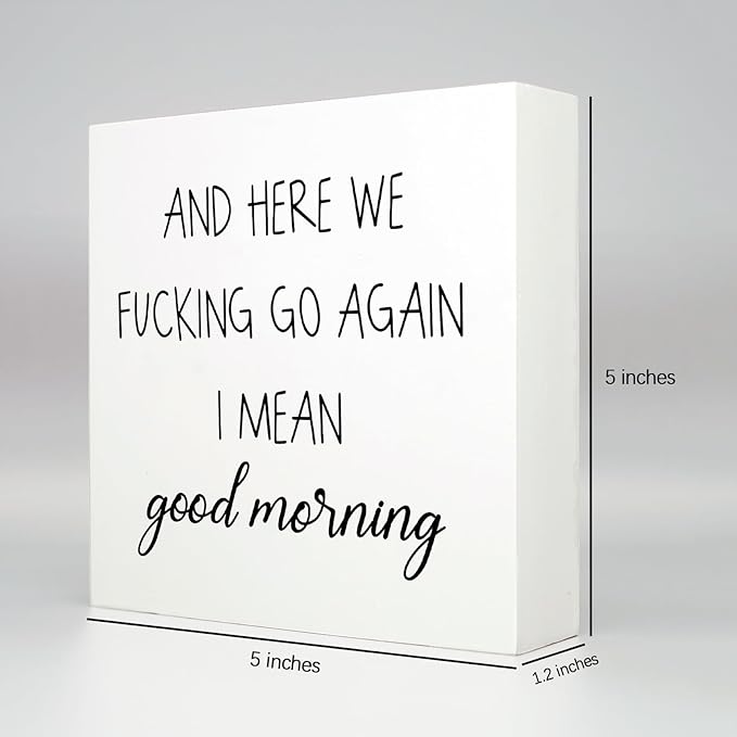 Funny Office Decor Office Desk Decor Aesthetic Office Cubicle Decor and Here We F*cking Go Again I Mean Good Morning Office Shelf Decor Office Decorations for Work Funny Office Gifts (5x5inch) - LeafyLoom