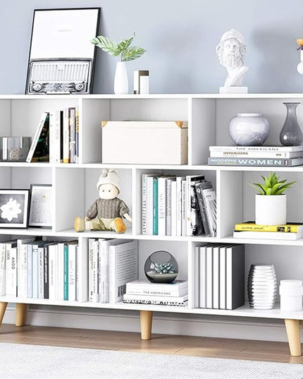 IOTXY Wooden Open Shelf Bookcase - 3-Tier Floor Standing Display Cabinet Rack with Legs, 10 Cubes Bookshelf, Warm White - LeafyLoom