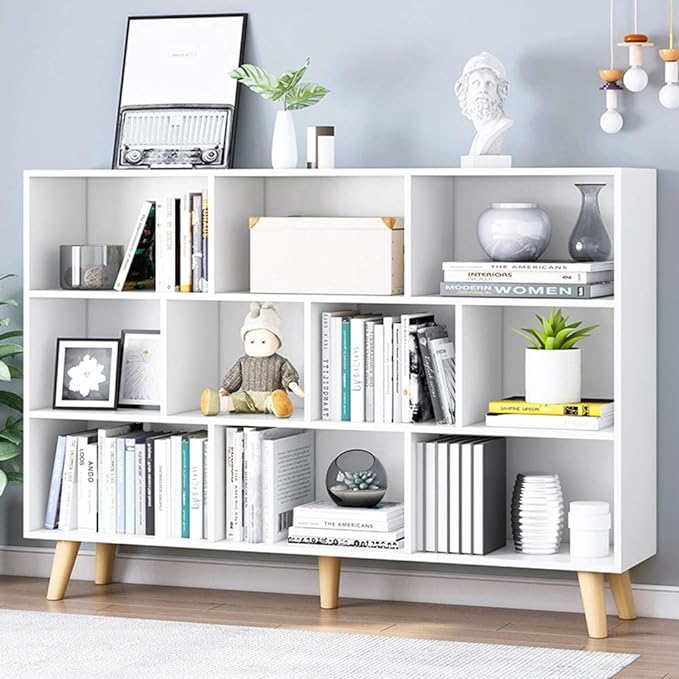 IOTXY Wooden Open Shelf Bookcase - 3-Tier Floor Standing Display Cabinet Rack with Legs, 10 Cubes Bookshelf, Warm White - LeafyLoom