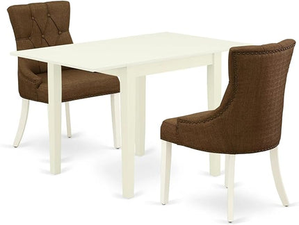 East West Furniture NDFR3-LWH-18 Norden 3 Piece Set Contains a Rectangle Dining Room Table with Dropleaf and 2 Brown Linen Fabric Upholstered Parson Chairs, 30x48 Inch - LeafyLoom