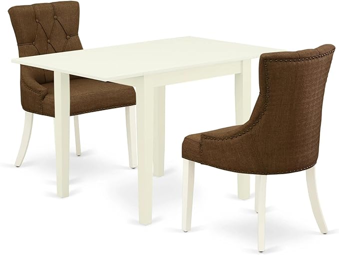 East West Furniture NDFR3-LWH-18 Norden 3 Piece Set Contains a Rectangle Dining Room Table with Dropleaf and 2 Brown Linen Fabric Upholstered Parson Chairs, 30x48 Inch - LeafyLoom