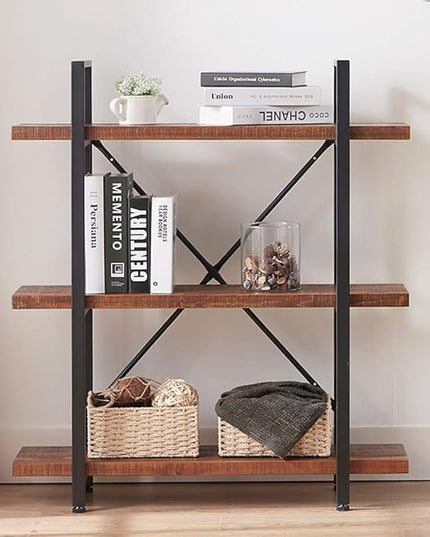 HSH Natural Real Wood Bookshelf, 3 Tier Rustic Vintage Industrial Etagere Bookcase, Open Metal Farmhouse Solid Wooden Book Shelf, Distressed Brown - LeafyLoom