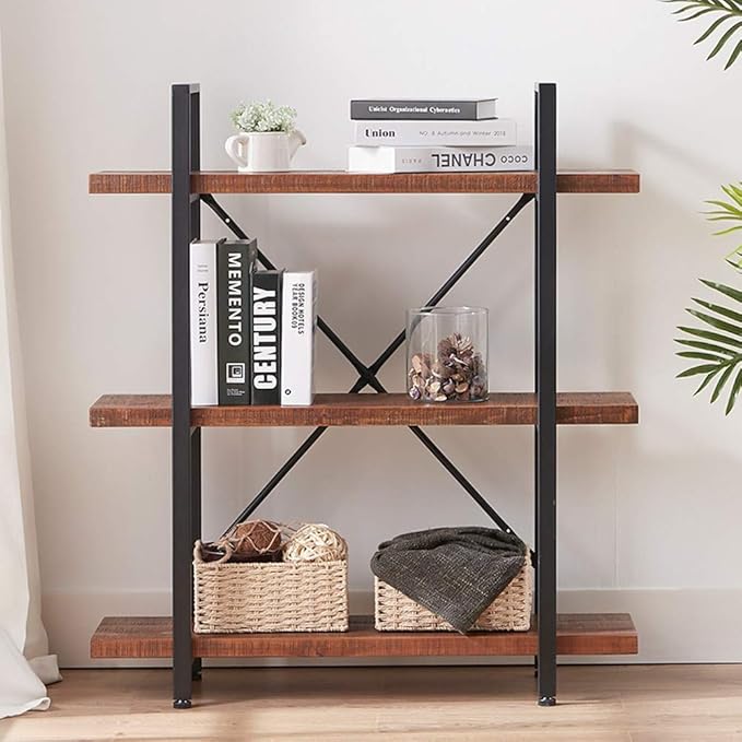 HSH Natural Real Wood Bookshelf, 3 Tier Rustic Vintage Industrial Etagere Bookcase, Open Metal Farmhouse Solid Wooden Book Shelf, Distressed Brown - LeafyLoom