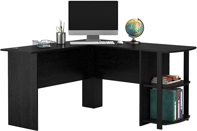 Dakota L-Shaped Desk with Bookshelves (Black Ebony Ash) - LeafyLoom