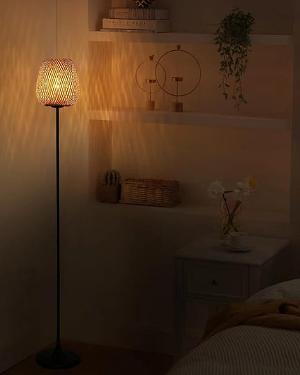 Japanese Style Bamboo Floor Lamp Rattan Handwoven Modern Standing Lighting Black Metal Legs Industrial Vintage Farmhouse Tall Floor Light Fixture for Living Room, Bedroom,Office Without E26 Bulb - LeafyLoom