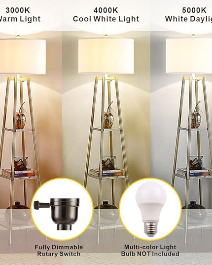 Floor Lamp, Standing Reading Light with Shelves and Gold Shade, Modern Tall Pole Lamp, Accent Furniture Décor Lighting for Living Room, Bedrooms (Gold, White Shade) - LeafyLoom