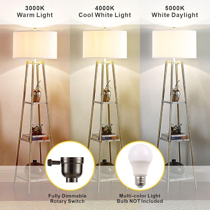 Floor Lamp, Standing Reading Light with Shelves and Gold Shade, Modern Tall Pole Lamp, Accent Furniture Décor Lighting for Living Room, Bedrooms (Gold, White Shade) - LeafyLoom