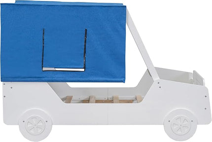 Twin Size Kids Car Bed with Tent Canopy & Wheels,Wood Bedframe W/Safty Grille,Raised Base Design,Easy to Assemble,Toddler Boys Car-Shaped Bedroom Beds for Reading Playing Relaxing,White - LeafyLoom