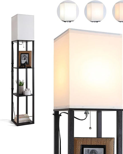 Floor Lamp with Shelves, Shelf Floor Lamps for Living Room with 3CCT LED Bulb, Modern Corner Square Display Standing Lamp with 4-Tier Tall Bookshelf Lamp for Bedroom Office - LeafyLoom