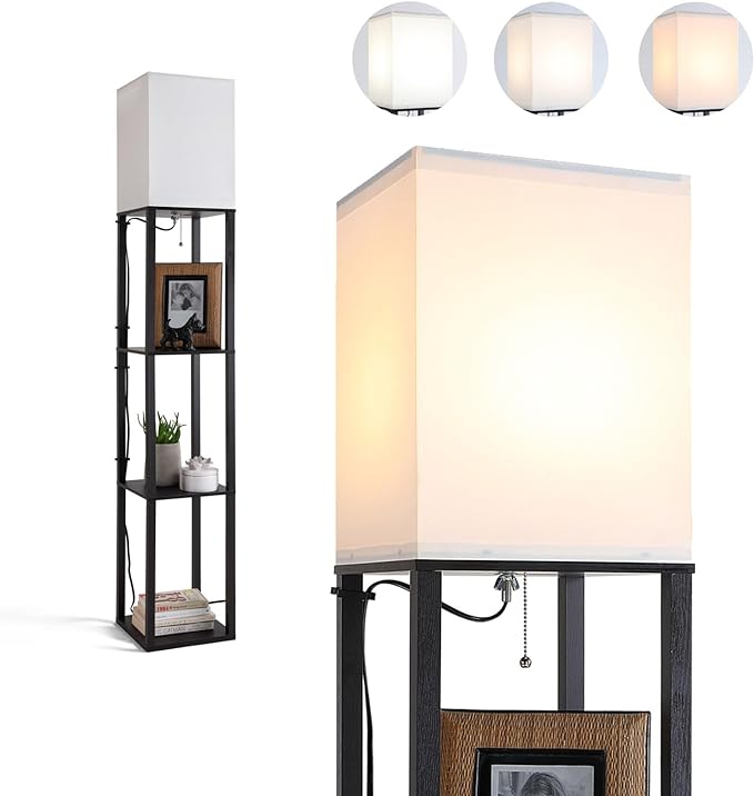 Floor Lamp with Shelves, Shelf Floor Lamps for Living Room with 3CCT LED Bulb, Modern Corner Square Display Standing Lamp with 4-Tier Tall Bookshelf Lamp for Bedroom Office - LeafyLoom