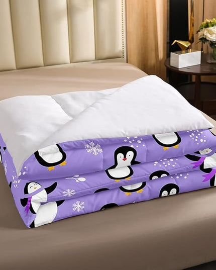 Penguin Comforter Set Twin Size Kawaii Penguin Down Comforter Antarctic Animal Bedding Set for Kids Boys Girls Teens Cartoon Cute Winter Quilt Set Snowflake Pattern Duvet Set Room Decor, Purple - LeafyLoom