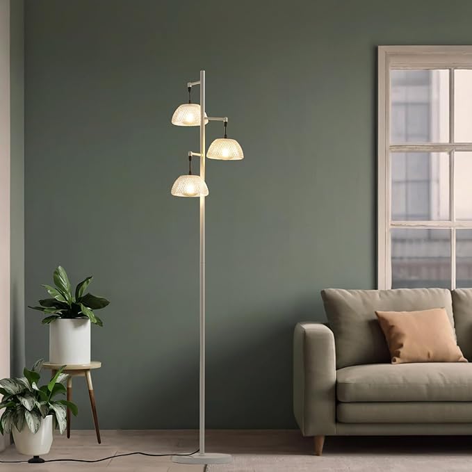 3 Lights White Floor Lamp for Living Room with 3 Metal Lampshade and LED Bulbs, Modern Tree Standing Lamp, Farmhouse Tall Lamp for Living Room, Bedroom, Office - LeafyLoom