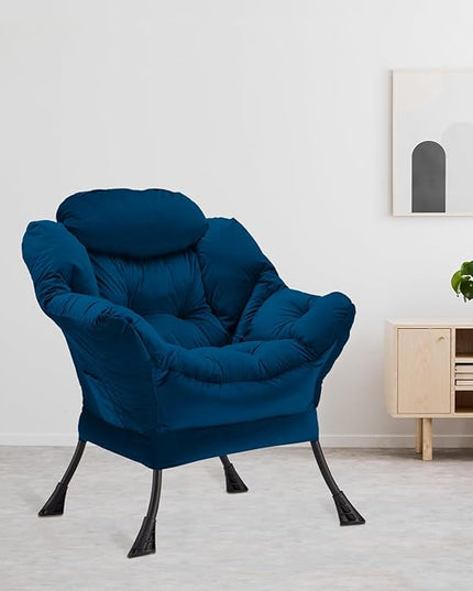 Lazy Chair Thick Padded, Accent Chair Velvet Upholstered with Wide Seat, Stable Metal Frame and Non-Slip Pad, Modern Sofa Armchair with Side Storage Bag for Dorm, Room, Office, Blue - LeafyLoom
