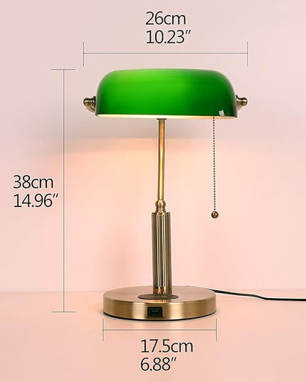 FIRVRE Glass Bankers Desk Lamp USB Wireless Charging Port LED Desk Lamp Classic Retro Pull Chain Switch Table lamp Reading Modern for Home Office nightstand Bedside Study Desk Library (Green) - LeafyLoom