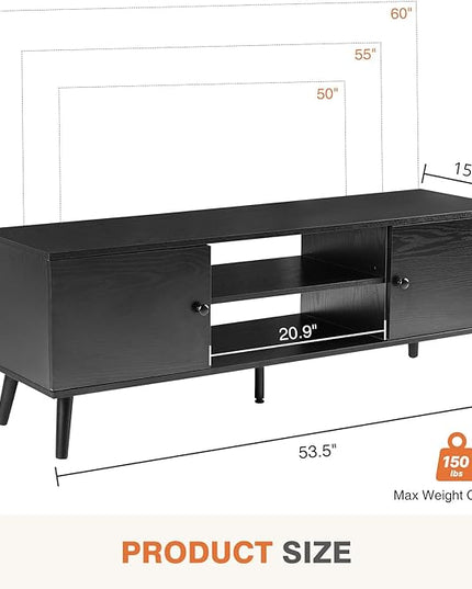 Sweetcrispy TV Stand for 55 60 inch Television, Entertainment Center with Storage, 2 Cabinet Media Console Table, Soft Hinge Door with Handle, Wood Feet, Living Room, Bedroom Furniture, Black - LeafyLoom