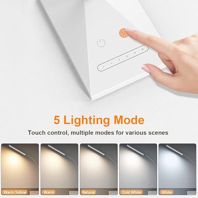 Vansuny LED Desk Lamp with USB Charging Port, Eye-Caring, 5 Color Modes,6 Brightness Levels, Touch Control, Flexible Gooseneck, Memory Function for Dorm Office Work Bedroom (12W,White) - LeafyLoom