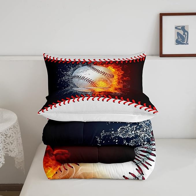 Erosebridal Baseball Comforter Set Kids Baseball Queen Bedding Set for Teen Boys Sports Games Bedding Comforter Sets Red Blue Water Fire Quilted Duvet Sport Theme Bedroom Dorm Decor 2 Pillowcases - LeafyLoom