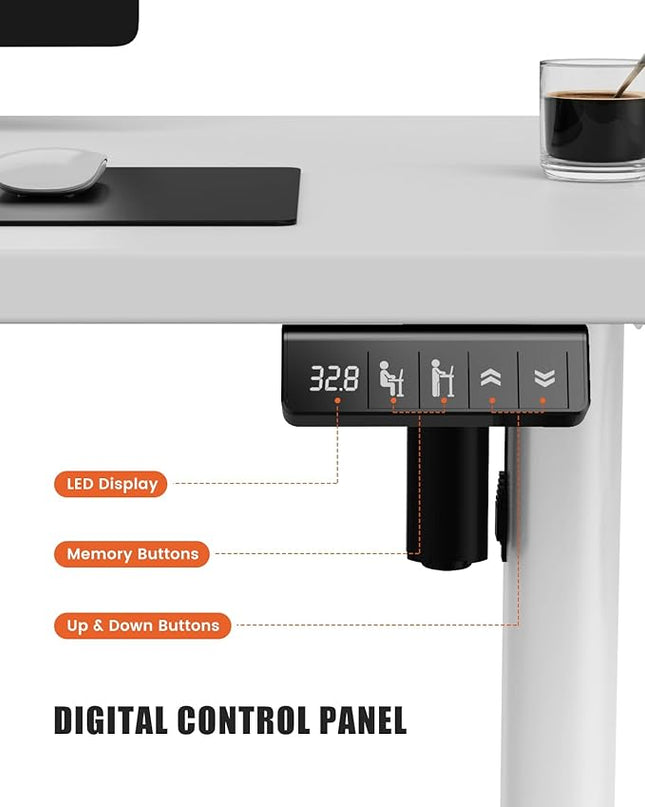 Electric Standing Desk Adjustable Height Stand Up Desk, 48" x 24" Sit Stand Desk, Low Noise Home Office Desk, Computer Desk with Splice Board, Child Lock & Memory Function, White - LeafyLoom